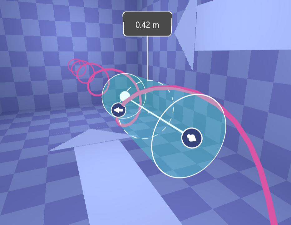 a measuring tool imposed onto a helix to find the radius of the path taken (2/3)