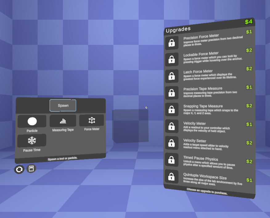 lab menus, including the budget menu which allows the purchase of various tools (2/2)