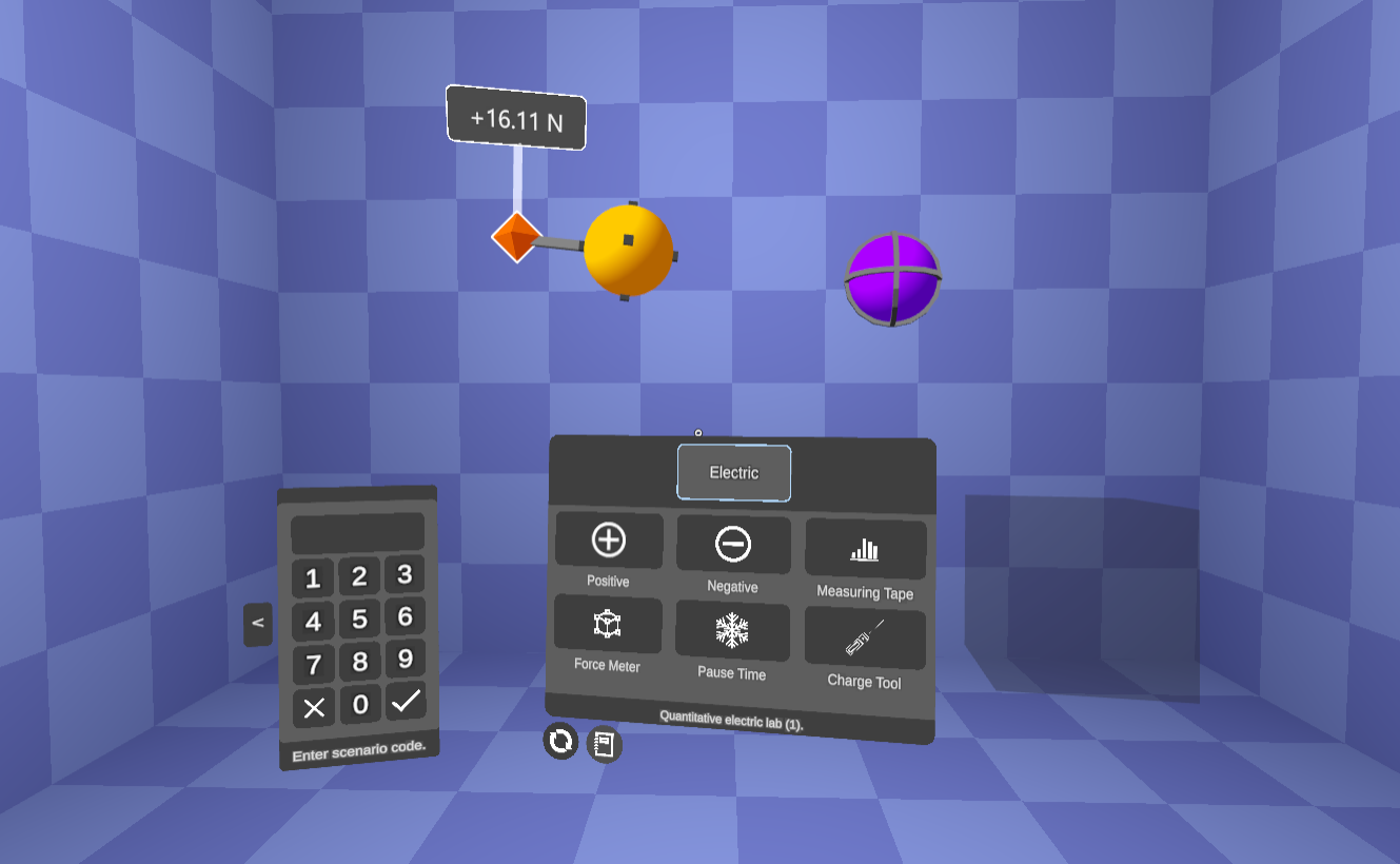 an experimental setup with two charged particles and a force meter