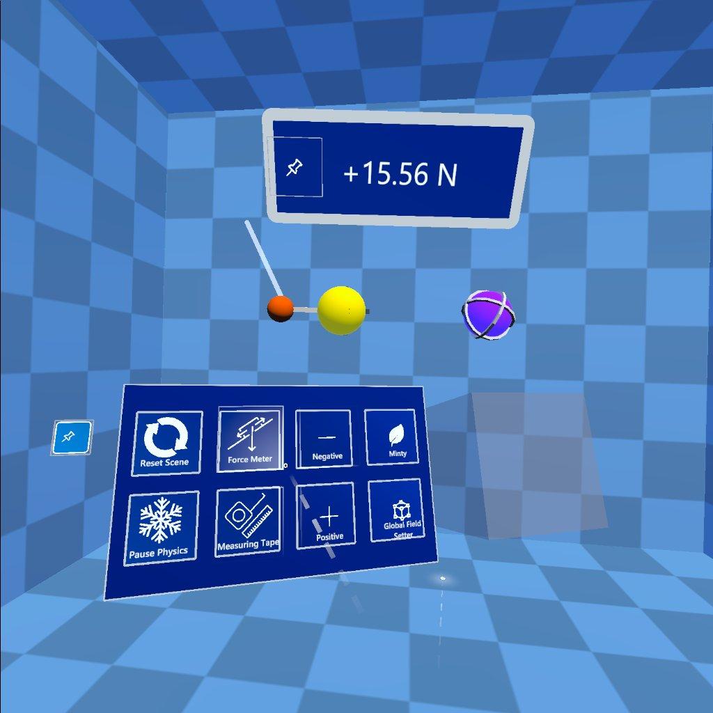 A screenshot of an experiment set up with two charged particles and a force meter.